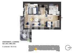 Pipera, apartament 1 camera zona de Nord, 49.38 mp utili