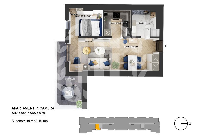 Pipera, apartament 1 camera zona de Nord, 49.38 mp utili